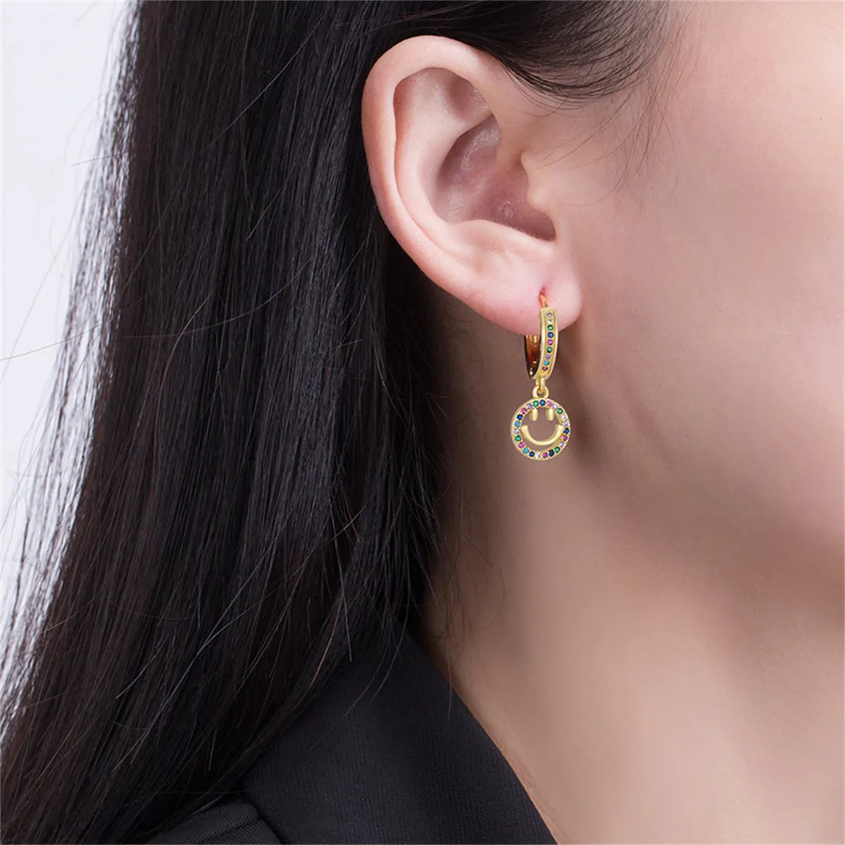 Vibrant Cubic Zirconia & 18K Gold-Plated Pavé Openwork Smiley Huggie Earrings