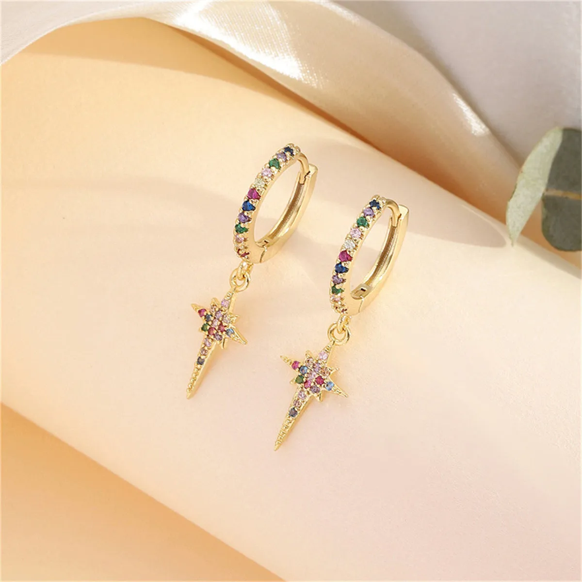 Vibrant Cubic Zirconia & 18K Gold-Plated Pavé Star Charm Huggie Earrings