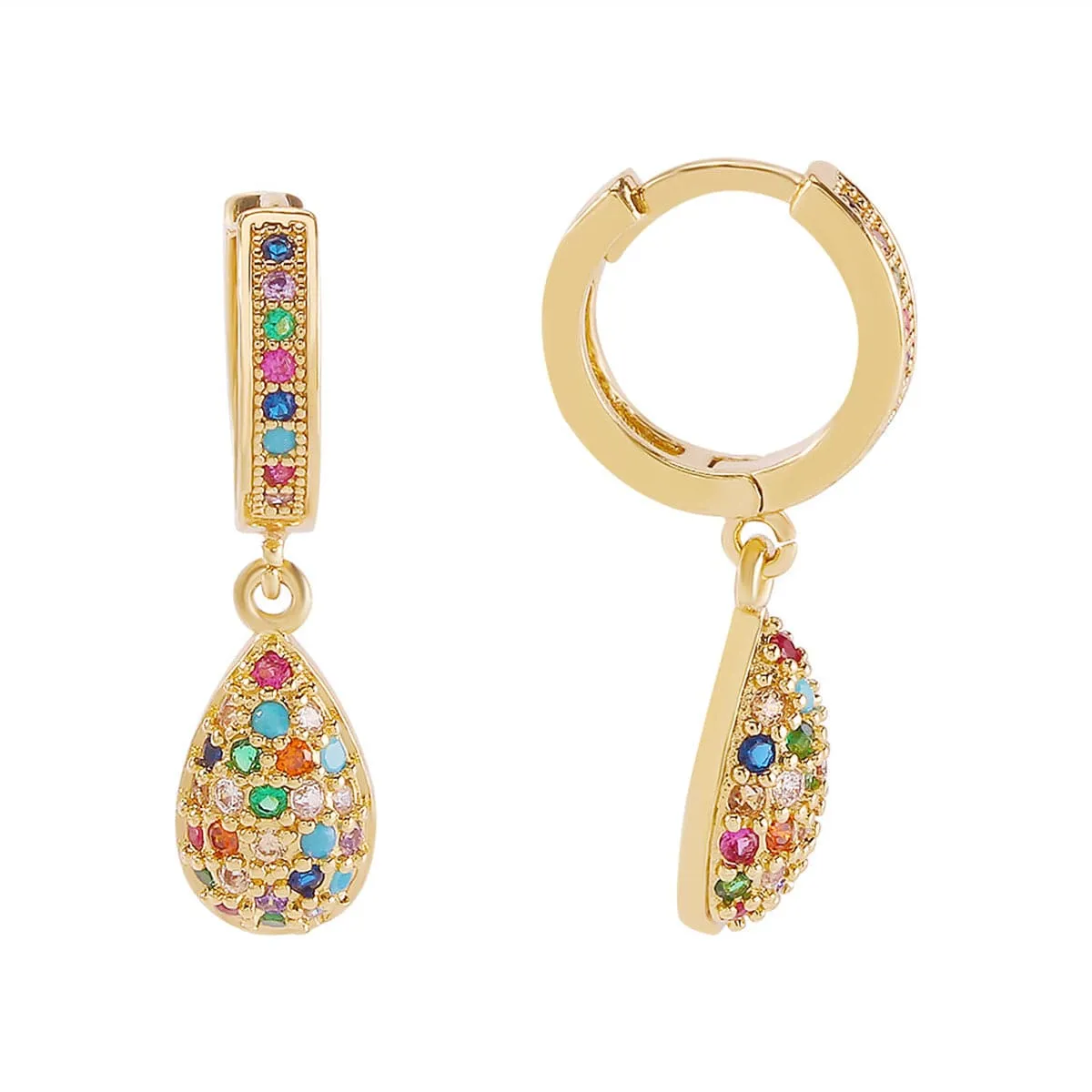 Vibrant Cubic Zirconia & 18K Gold-Plated Pavé Teardrop Charm Huggie Earrings
