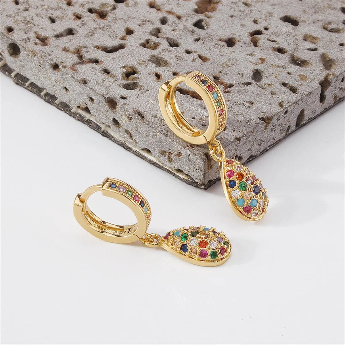 Vibrant Cubic Zirconia & 18K Gold-Plated Pavé Teardrop Charm Huggie Earrings