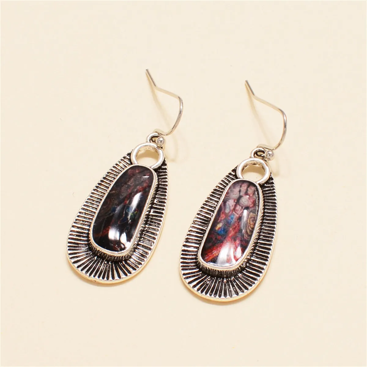 Vibrant Resin & Silver-Plated Engraved Oval Drop Earrings