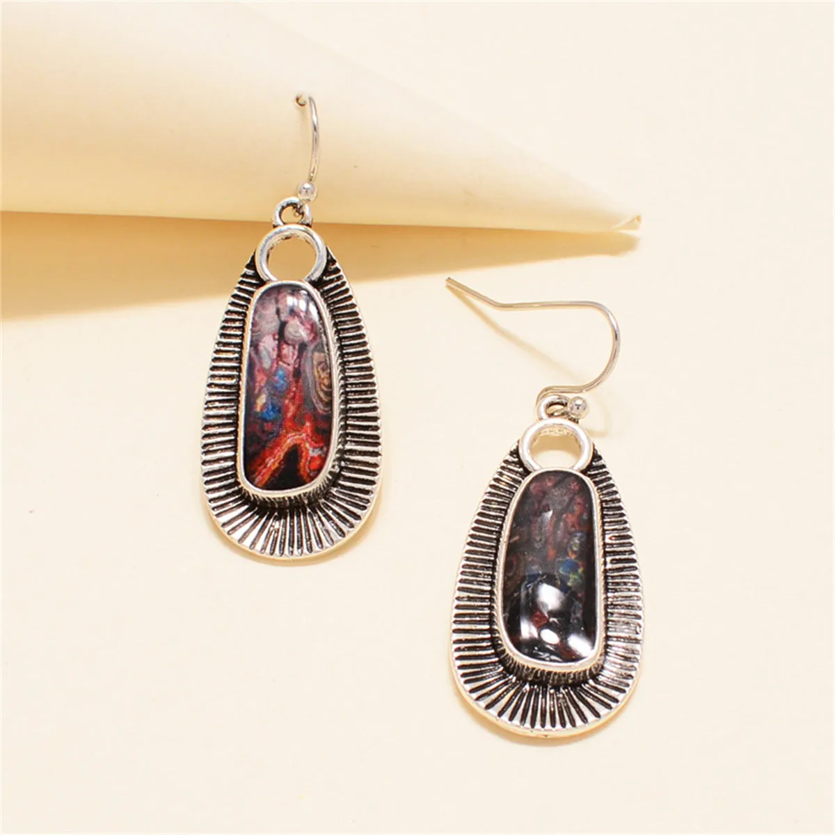 Vibrant Resin & Silver-Plated Engraved Oval Drop Earrings
