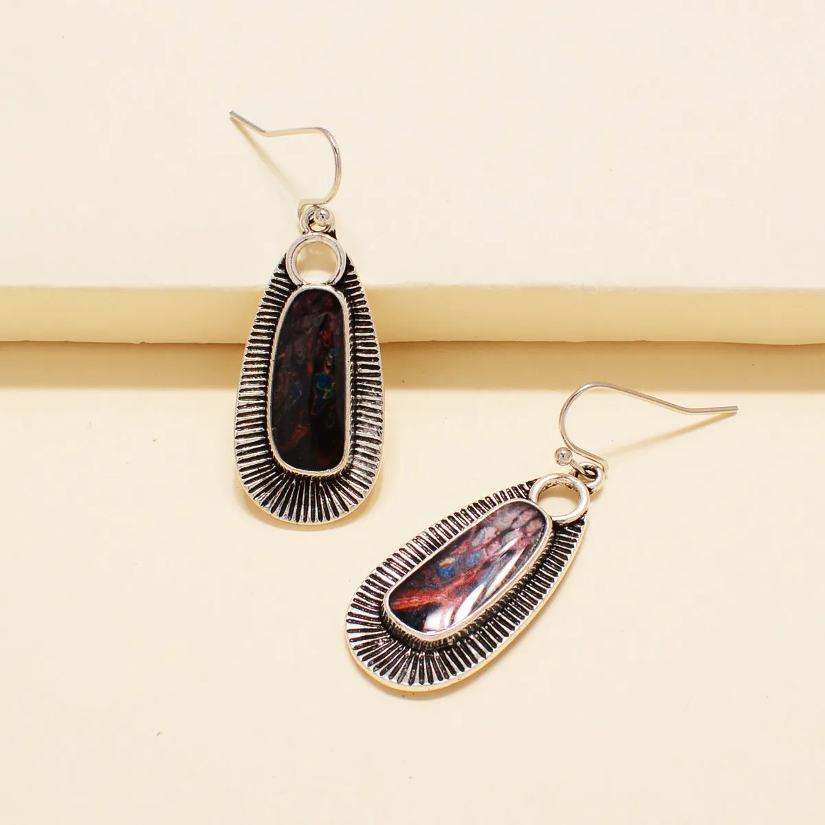 Vibrant Resin & Silver-Plated Engraved Oval Drop Earrings