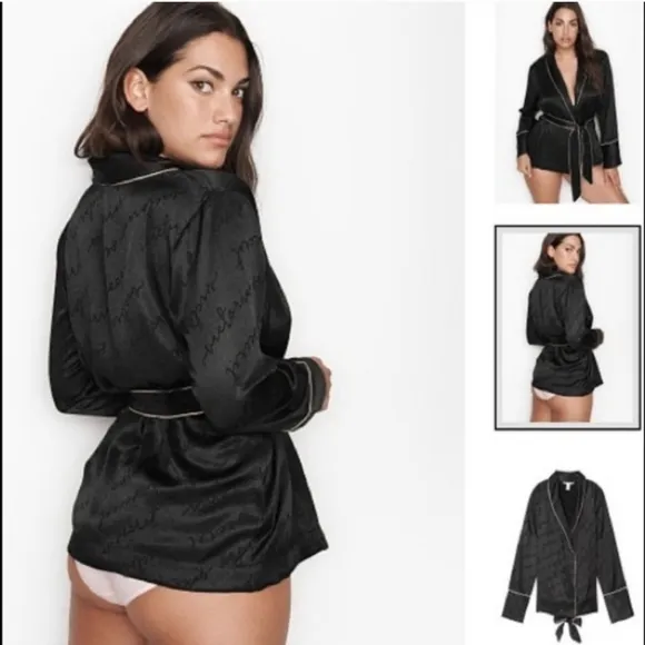 Victoria Secret Satin Robe Short, Black and Baby Pink Trim. NEW!