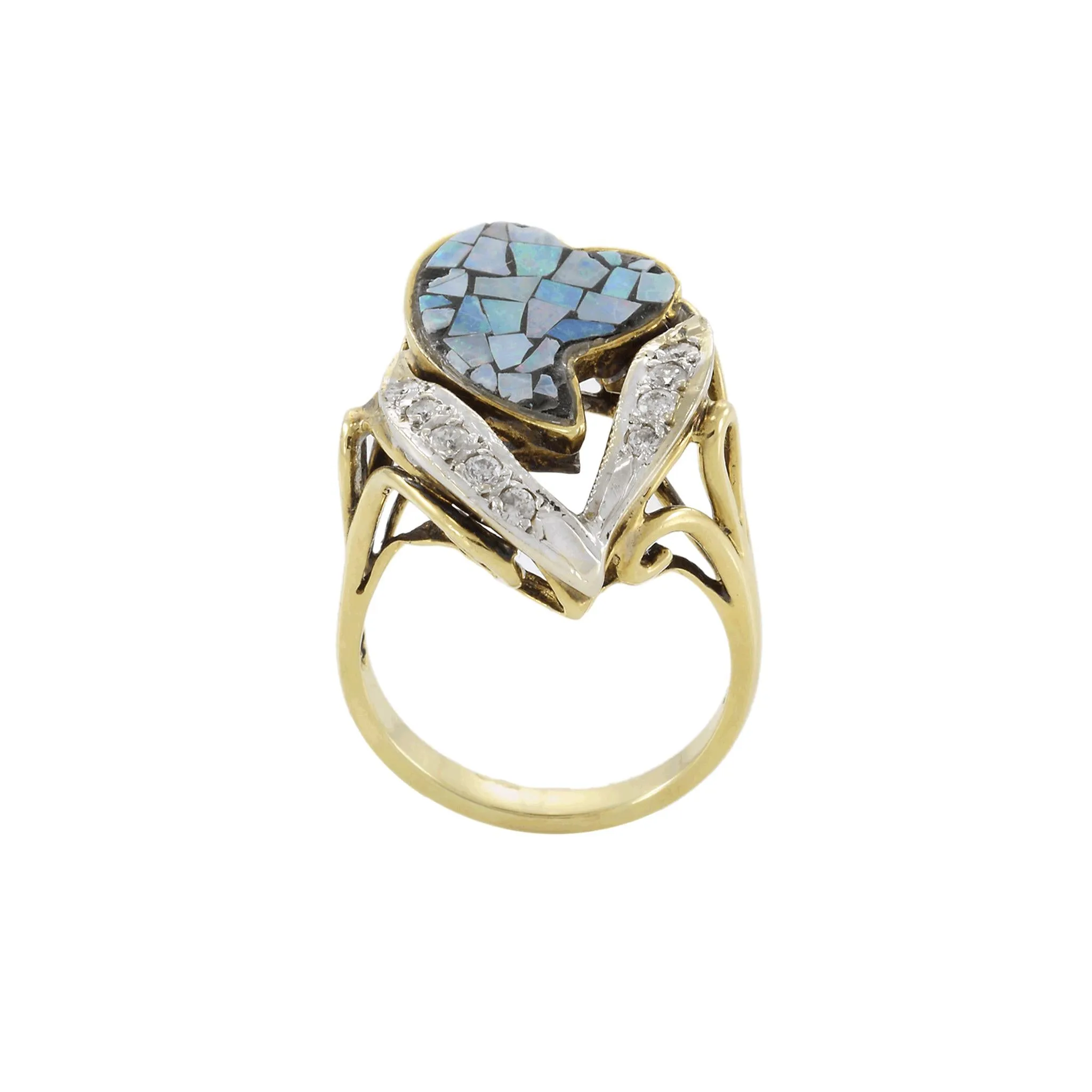 Vintage 1970s 14KT Yellow Gold Mosaic Opal And Diamond Heart Ring