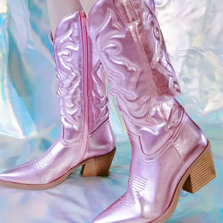 Vintage Women's Chunky Heel High Cowboy Boots