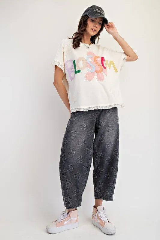 Washed Lace Mix Patch Terry Knit Top