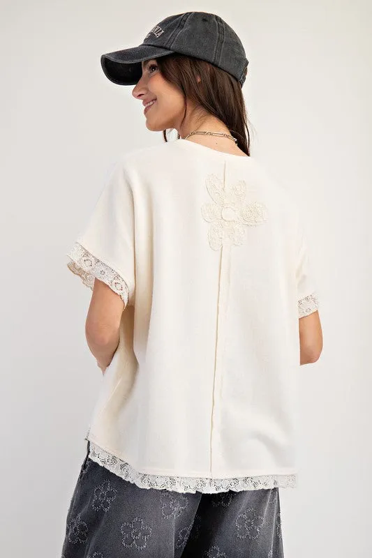Washed Lace Mix Patch Terry Knit Top