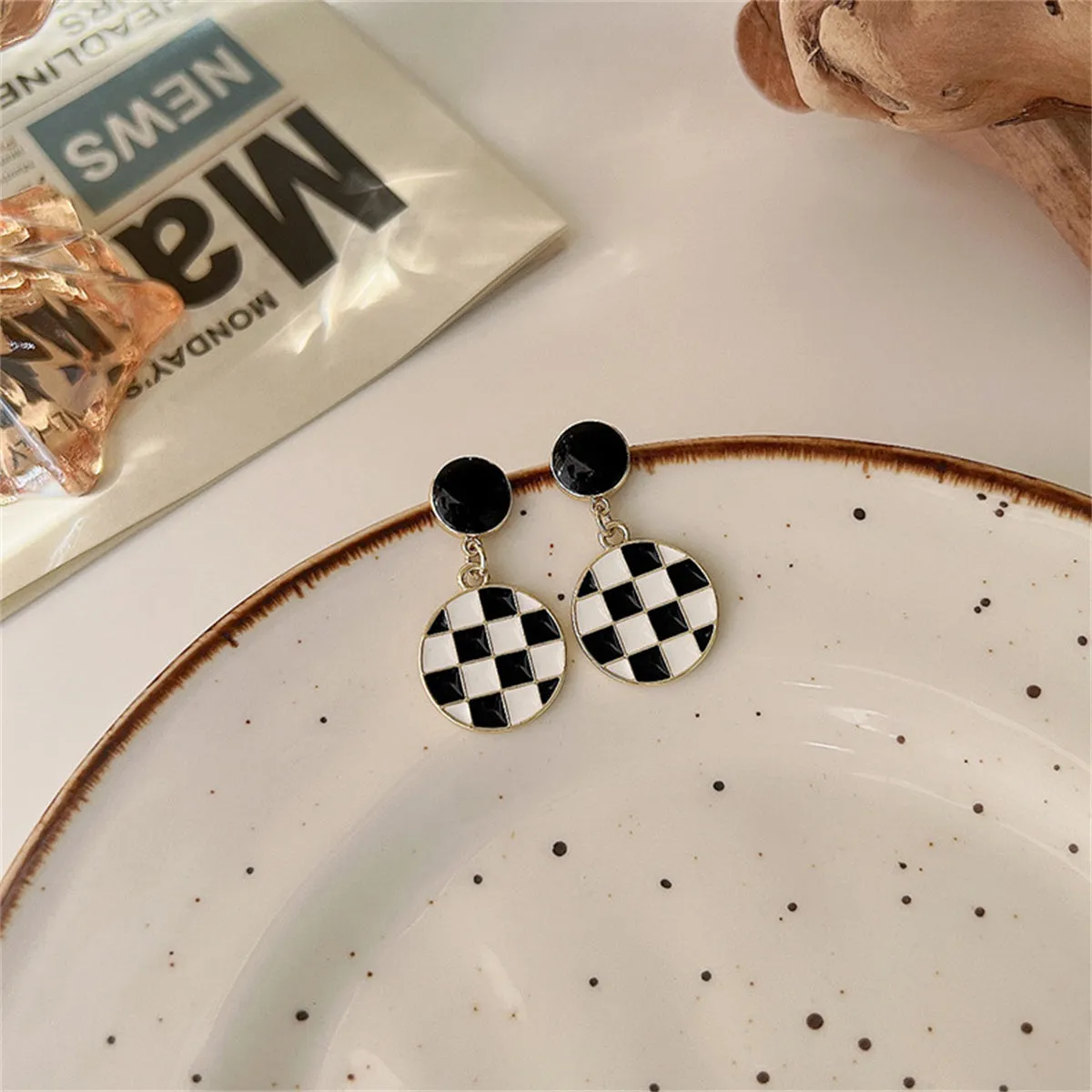 White & Black Enamel Checkerboard Round Drop Earrings