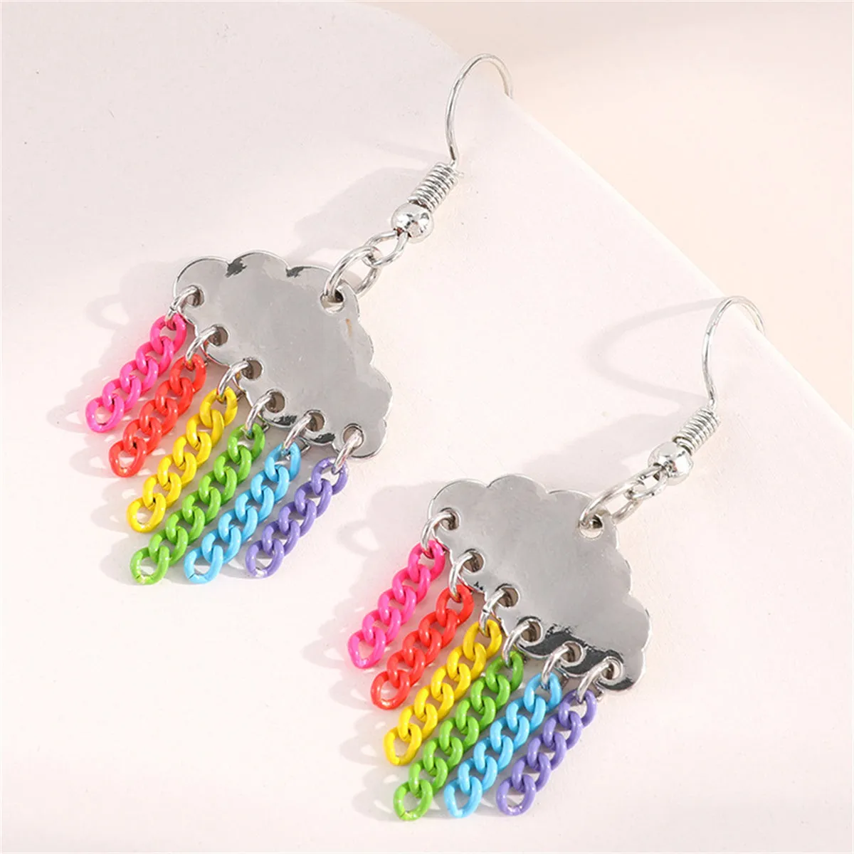 White & Pink Rainbow Cloud Chain Drop Earrings