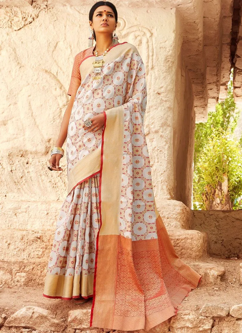 White And Orange Digital Indian Patola Silk Saree