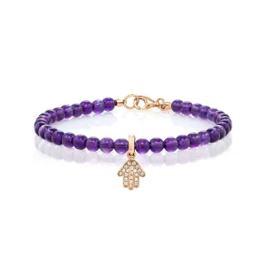 White Diamond Dangling Baby Hamsa with Small Amethyst Beads