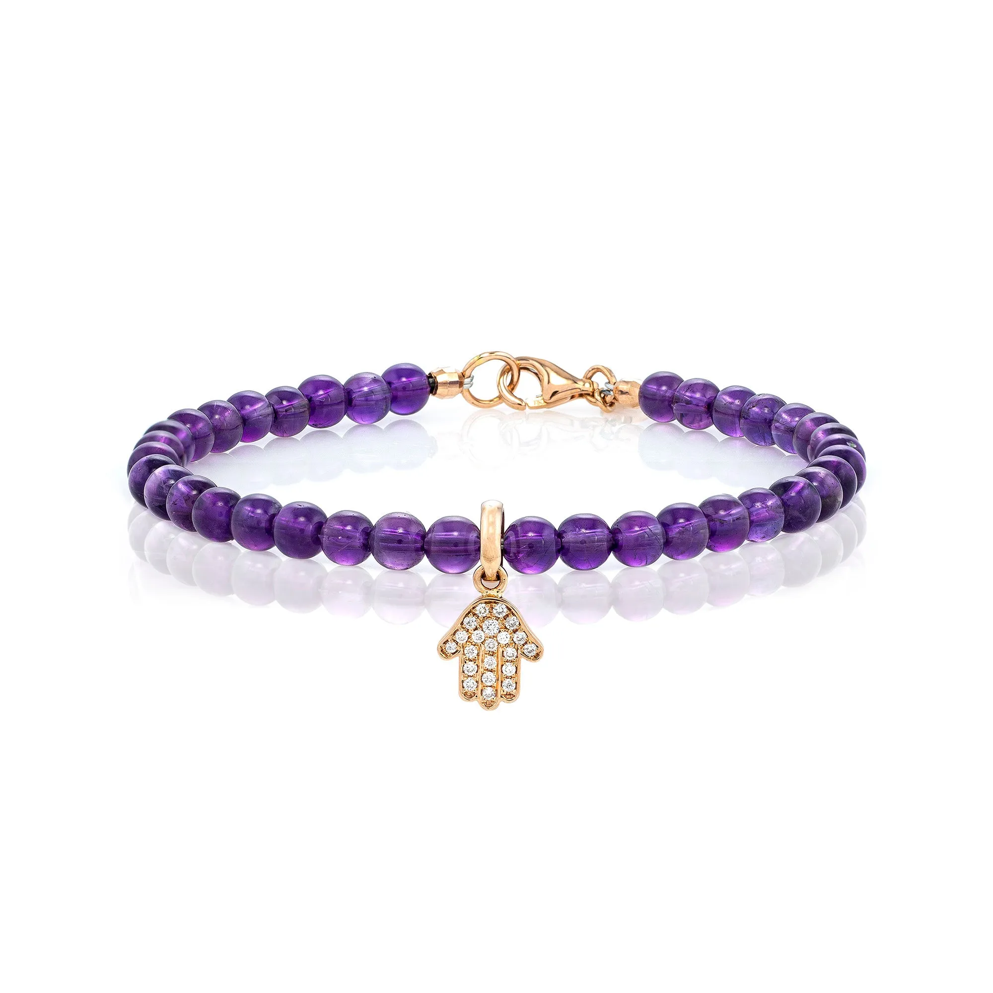 White Diamond Dangling Baby Hamsa with Small Amethyst Beads