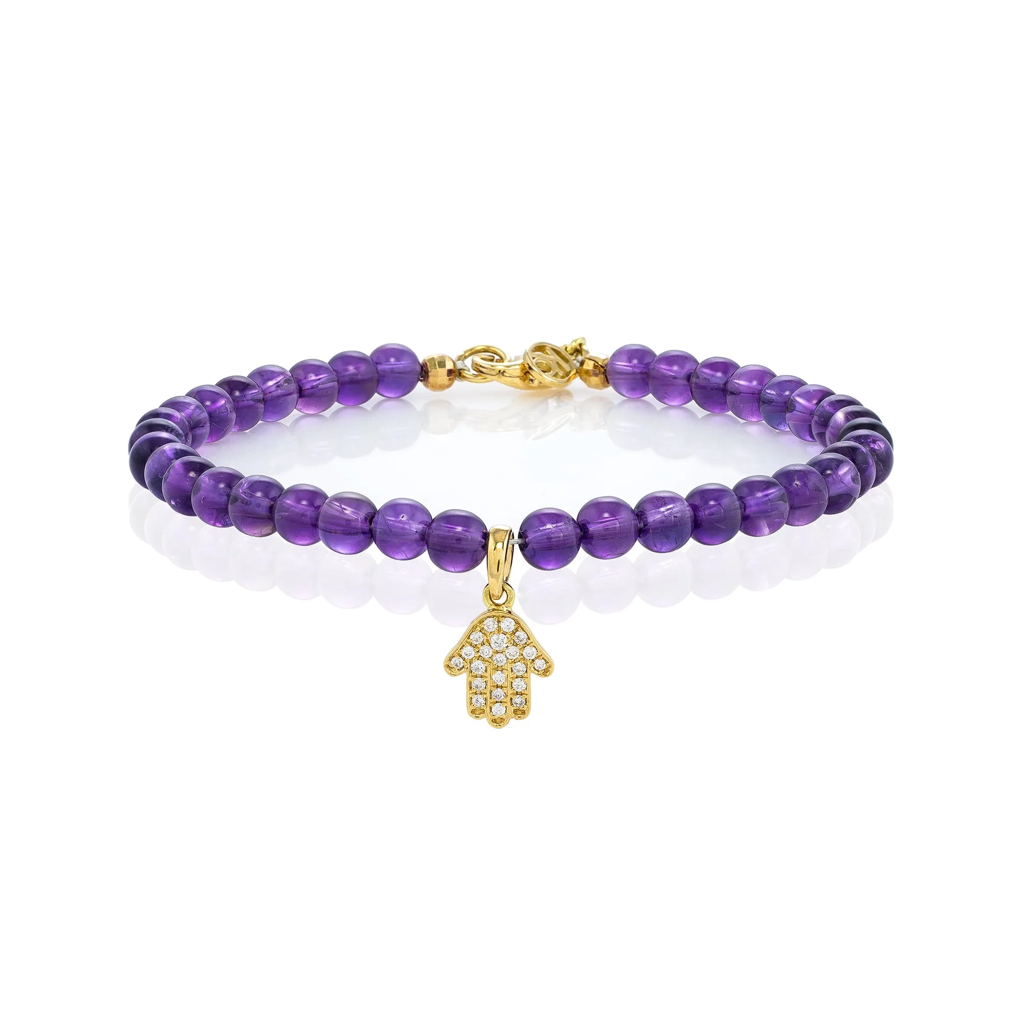 White Diamond Dangling Baby Hamsa with Small Amethyst Beads