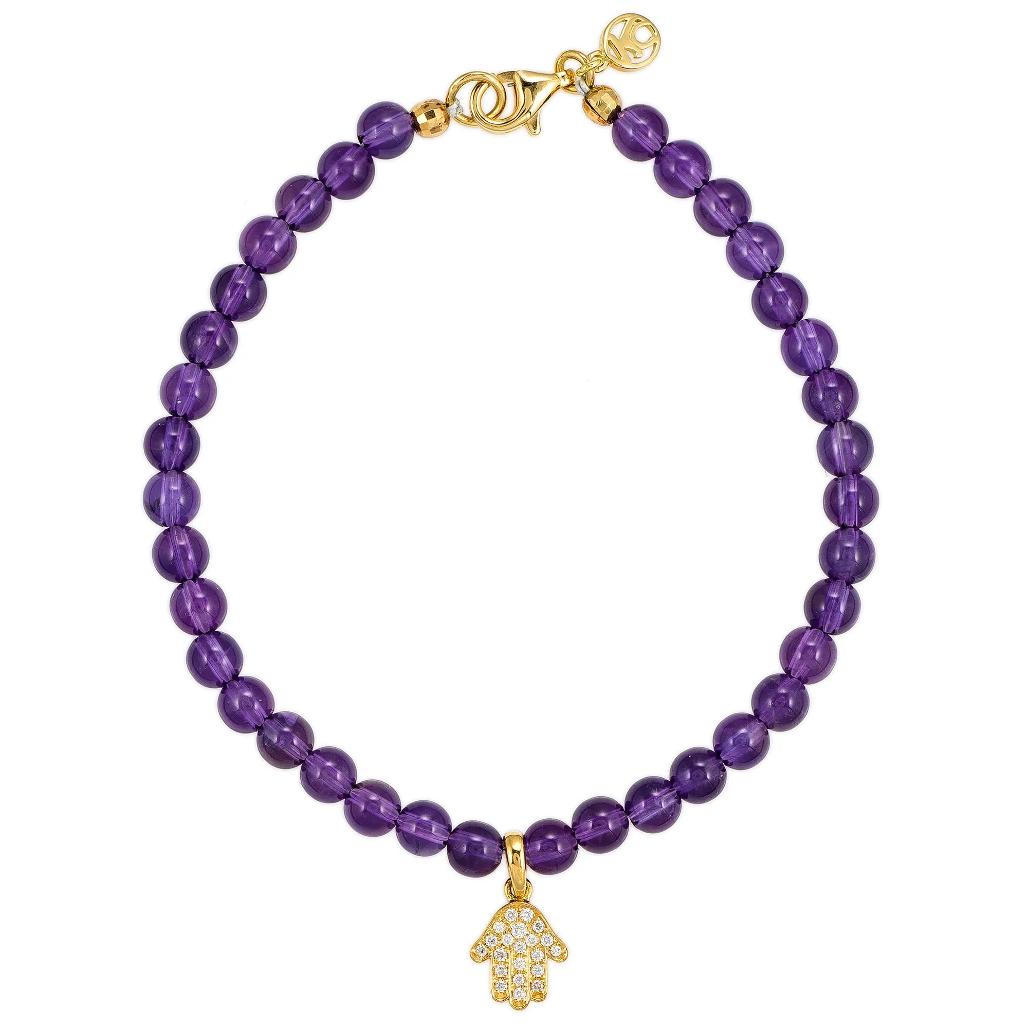 White Diamond Dangling Baby Hamsa with Small Amethyst Beads