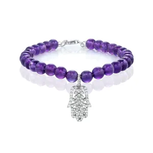 White Diamond Small Oriental Hamsa with Large Amethyst Beads