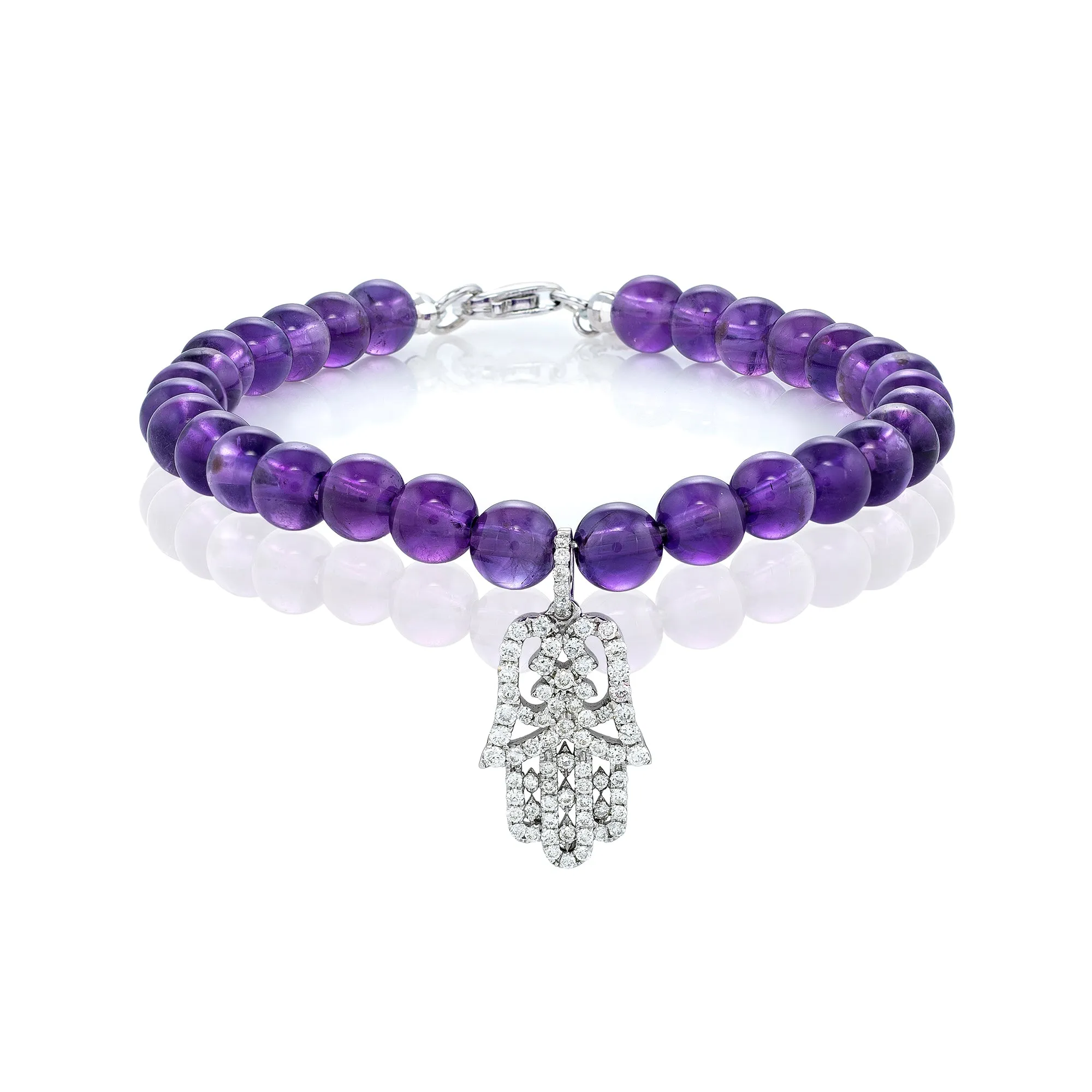 White Diamond Small Oriental Hamsa with Large Amethyst Beads