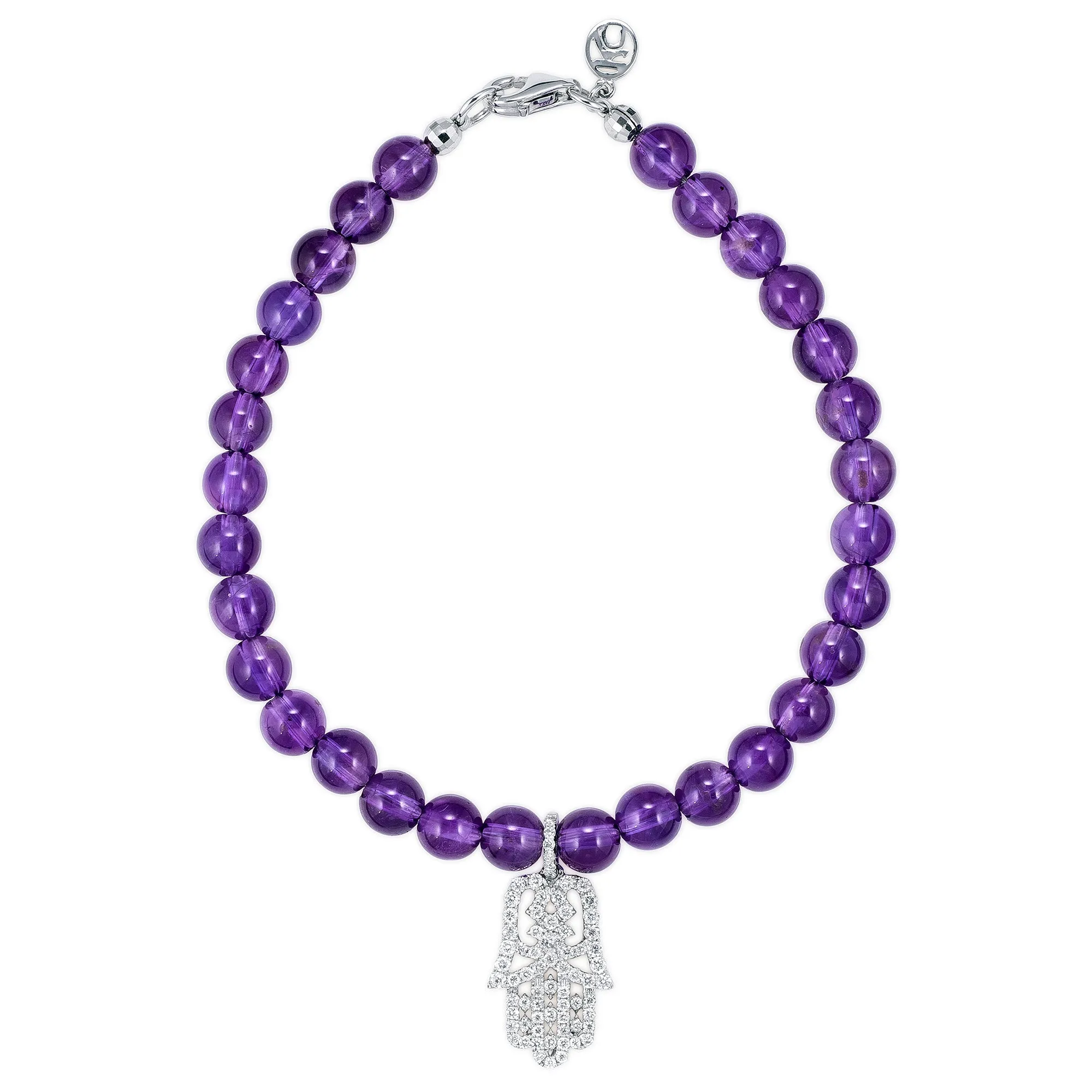 White Diamond Small Oriental Hamsa with Large Amethyst Beads