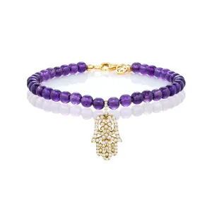 White Diamond Small Oriental Hamsa with Small Amethyst Beads