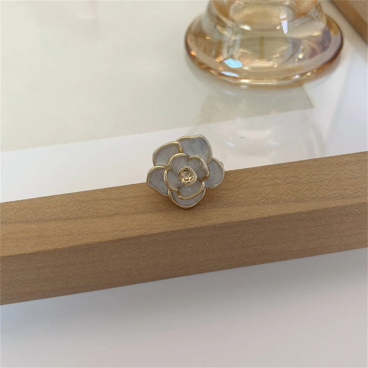White Enamel & 18K Gold-Plated Floral Camellia Adjustable Ring