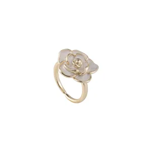 White Enamel & 18K Gold-Plated Floral Camellia Adjustable Ring