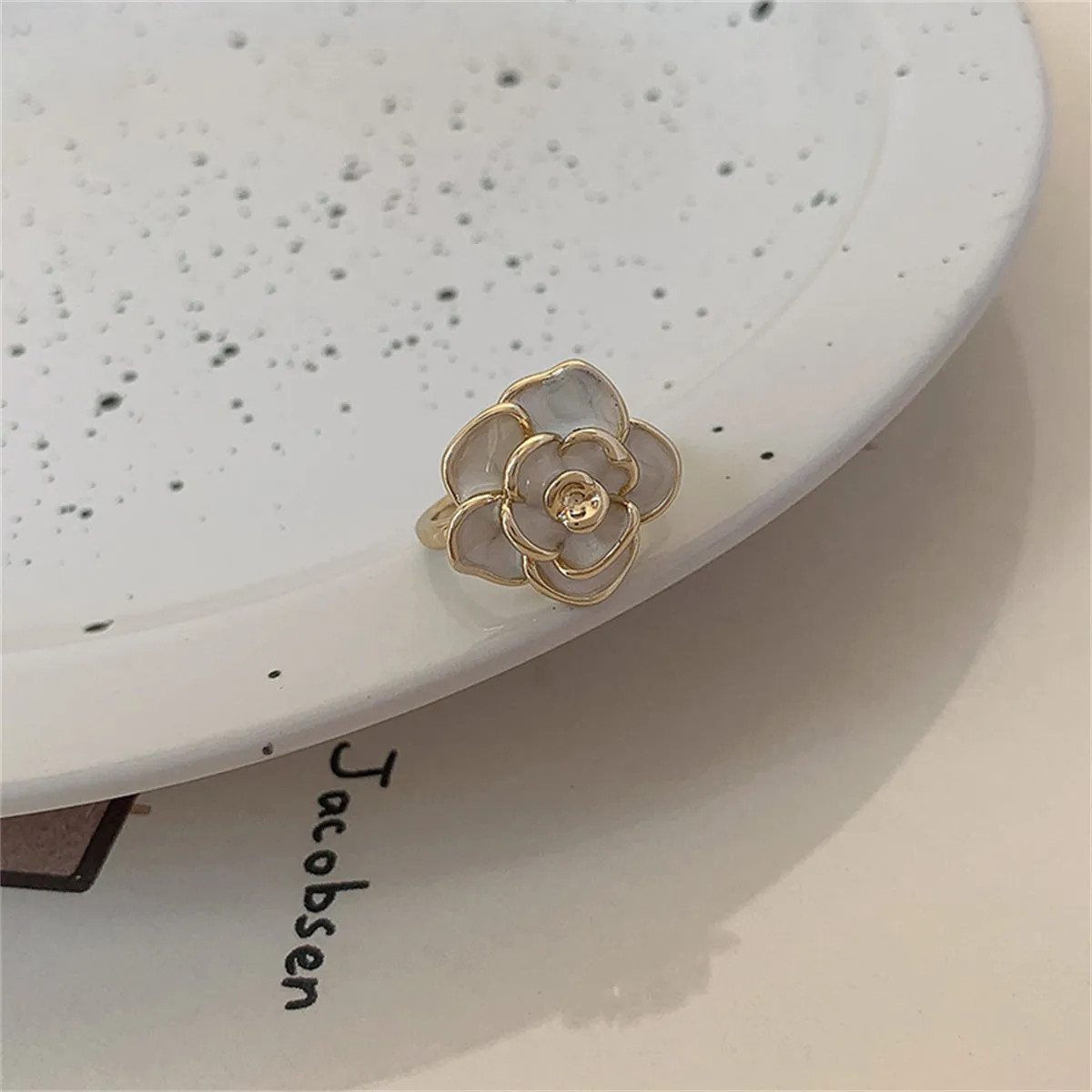 White Enamel & 18K Gold-Plated Floral Camellia Adjustable Ring