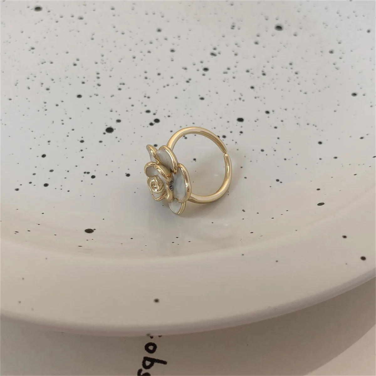 White Enamel & 18K Gold-Plated Floral Camellia Adjustable Ring