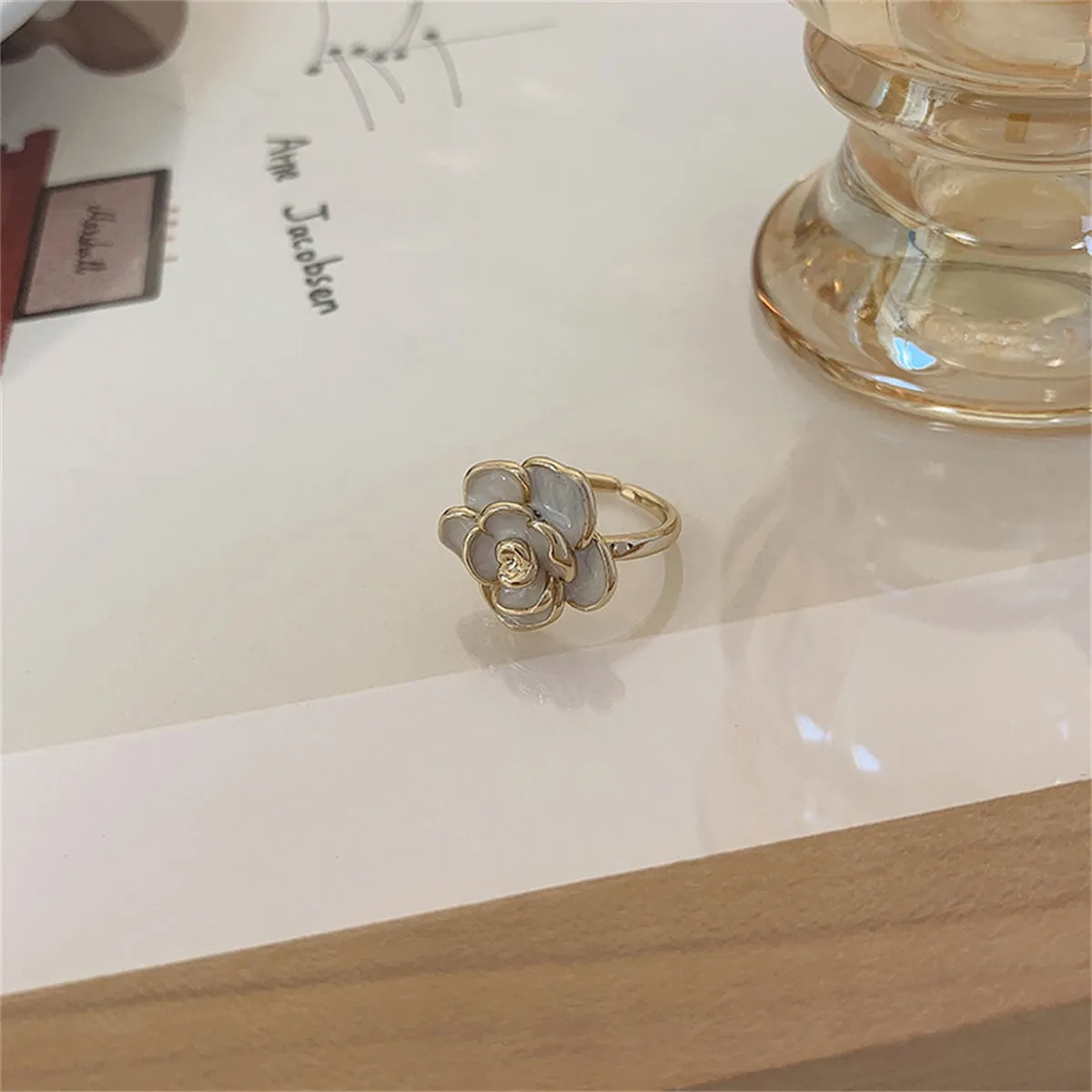 White Enamel & 18K Gold-Plated Floral Camellia Adjustable Ring