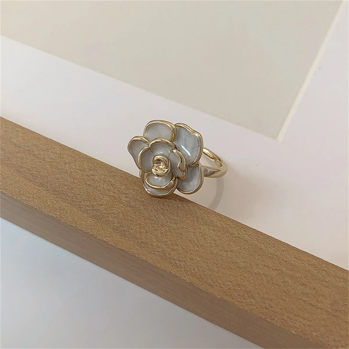 White Enamel & 18K Gold-Plated Floral Camellia Adjustable Ring