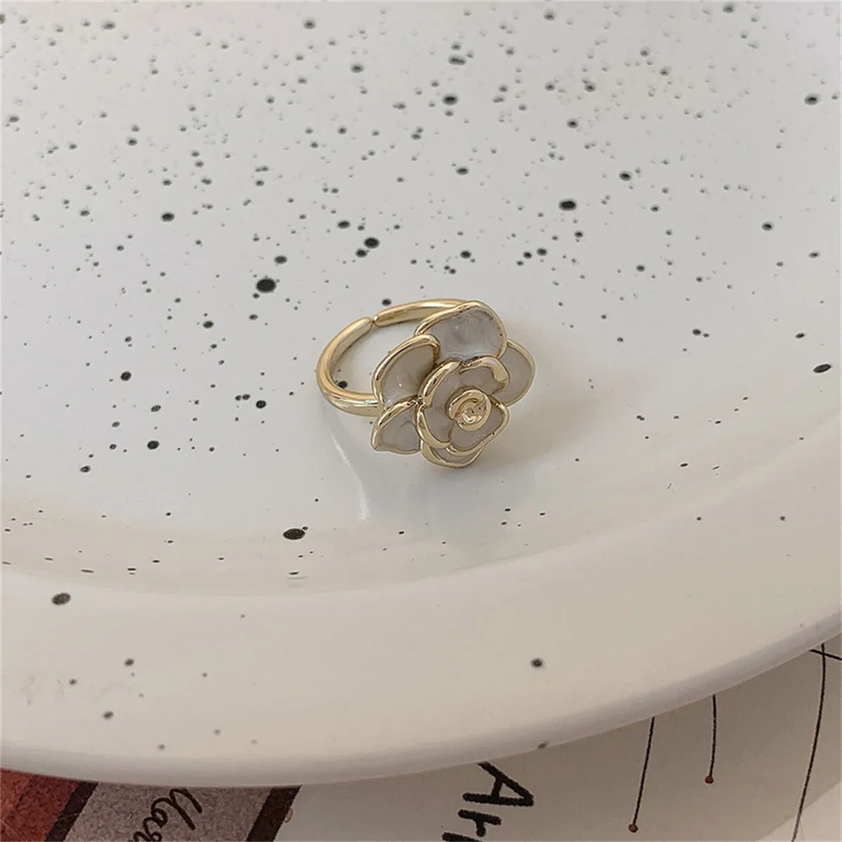 White Enamel & 18K Gold-Plated Floral Camellia Adjustable Ring
