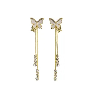 White Enamel & Cubic Zirconia 18K Gold-Plated Butterfly Tassel Drop Earrings