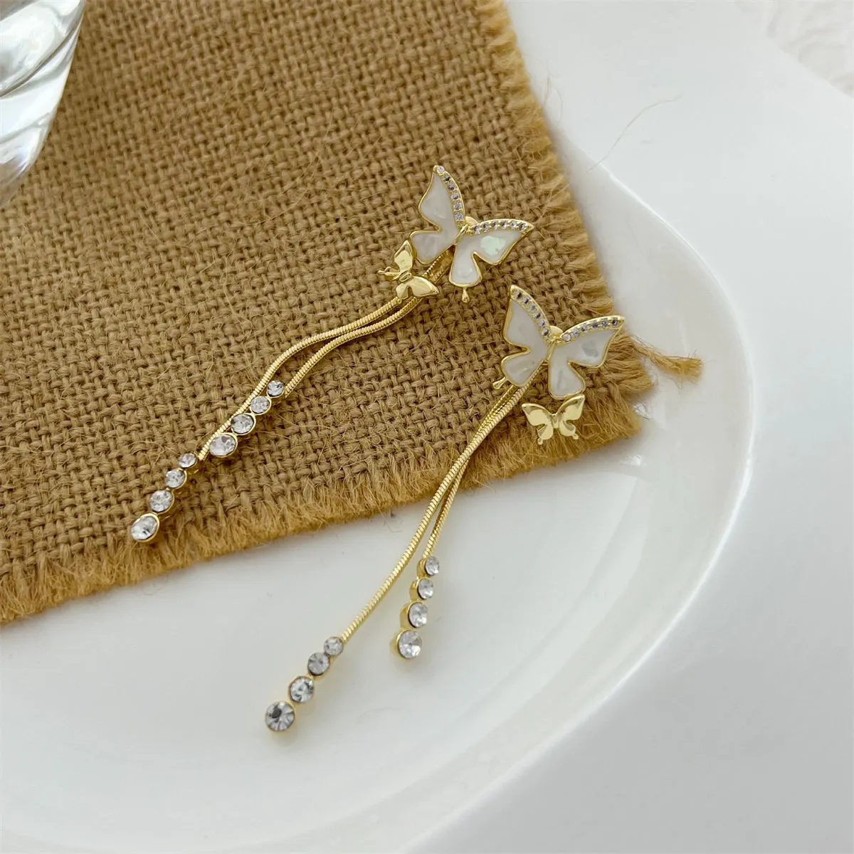 White Enamel & Cubic Zirconia 18K Gold-Plated Butterfly Tassel Drop Earrings