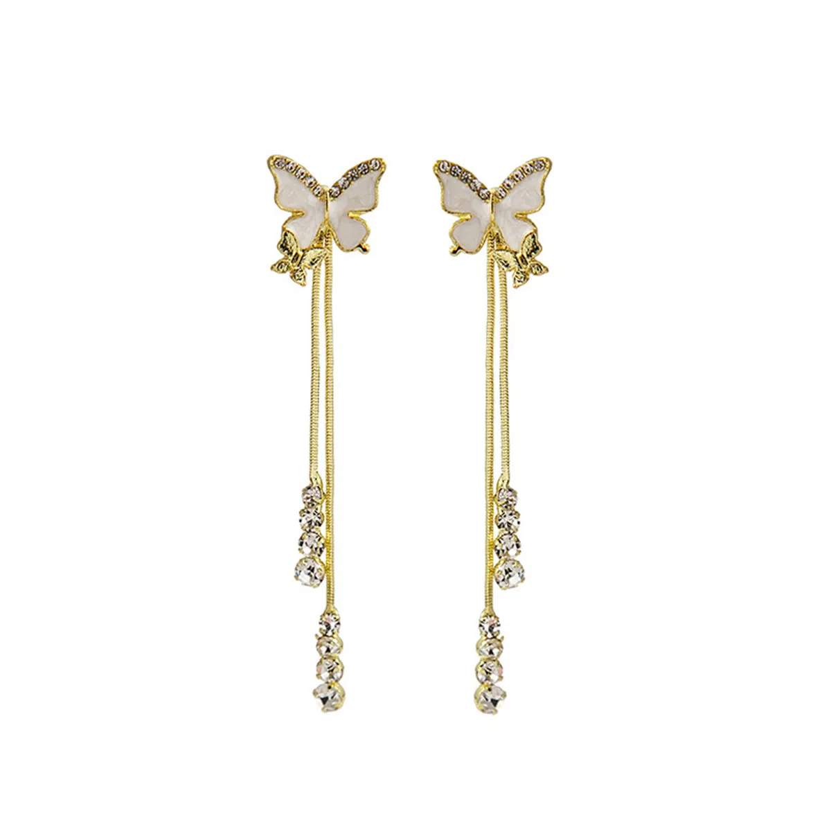 White Enamel & Cubic Zirconia 18K Gold-Plated Butterfly Tassel Drop Earrings