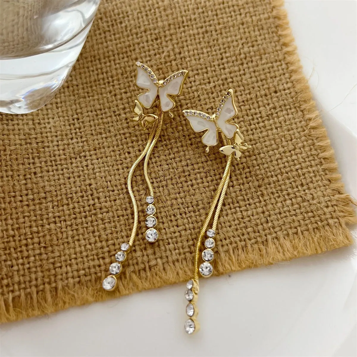 White Enamel & Cubic Zirconia 18K Gold-Plated Butterfly Tassel Drop Earrings