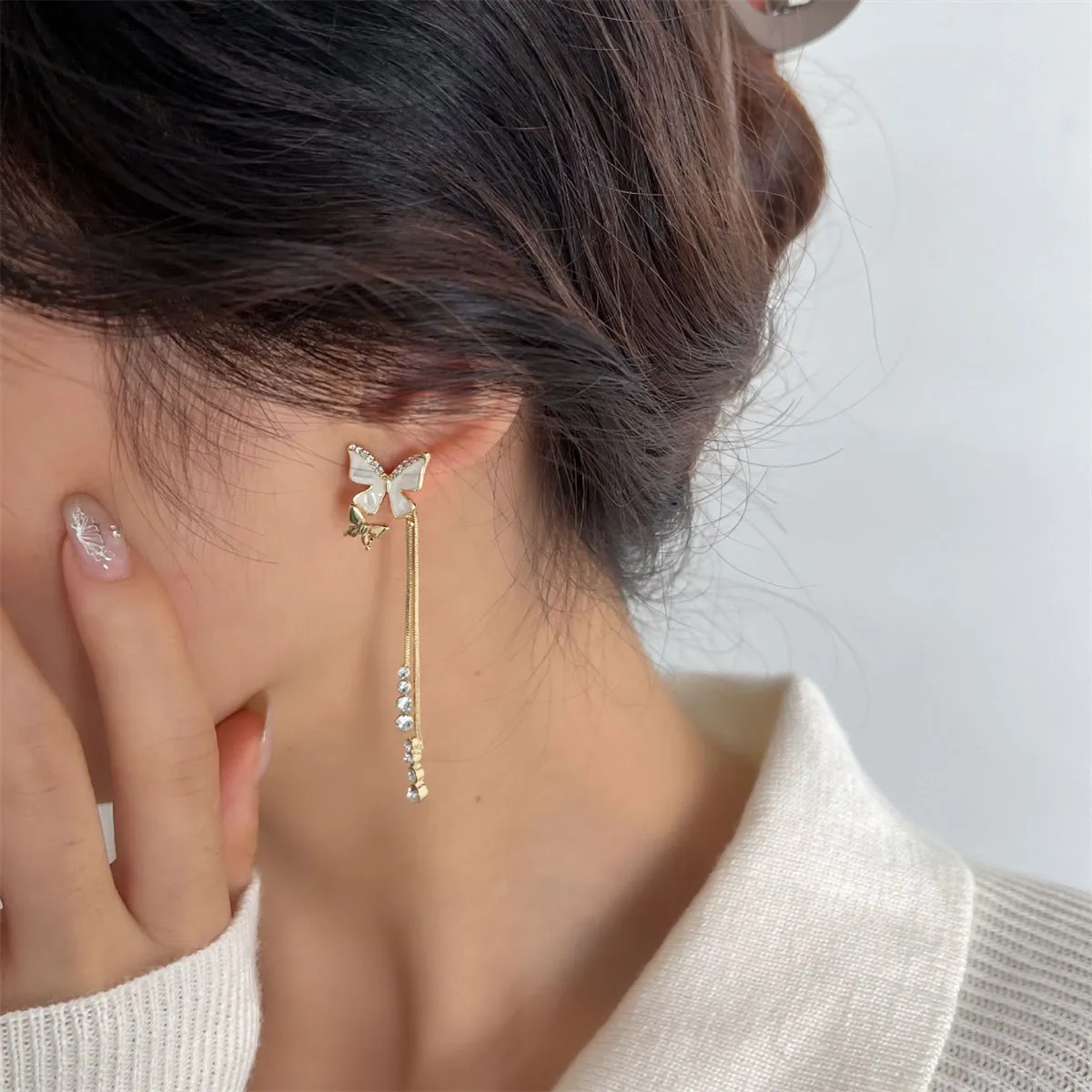 White Enamel & Cubic Zirconia 18K Gold-Plated Butterfly Tassel Drop Earrings