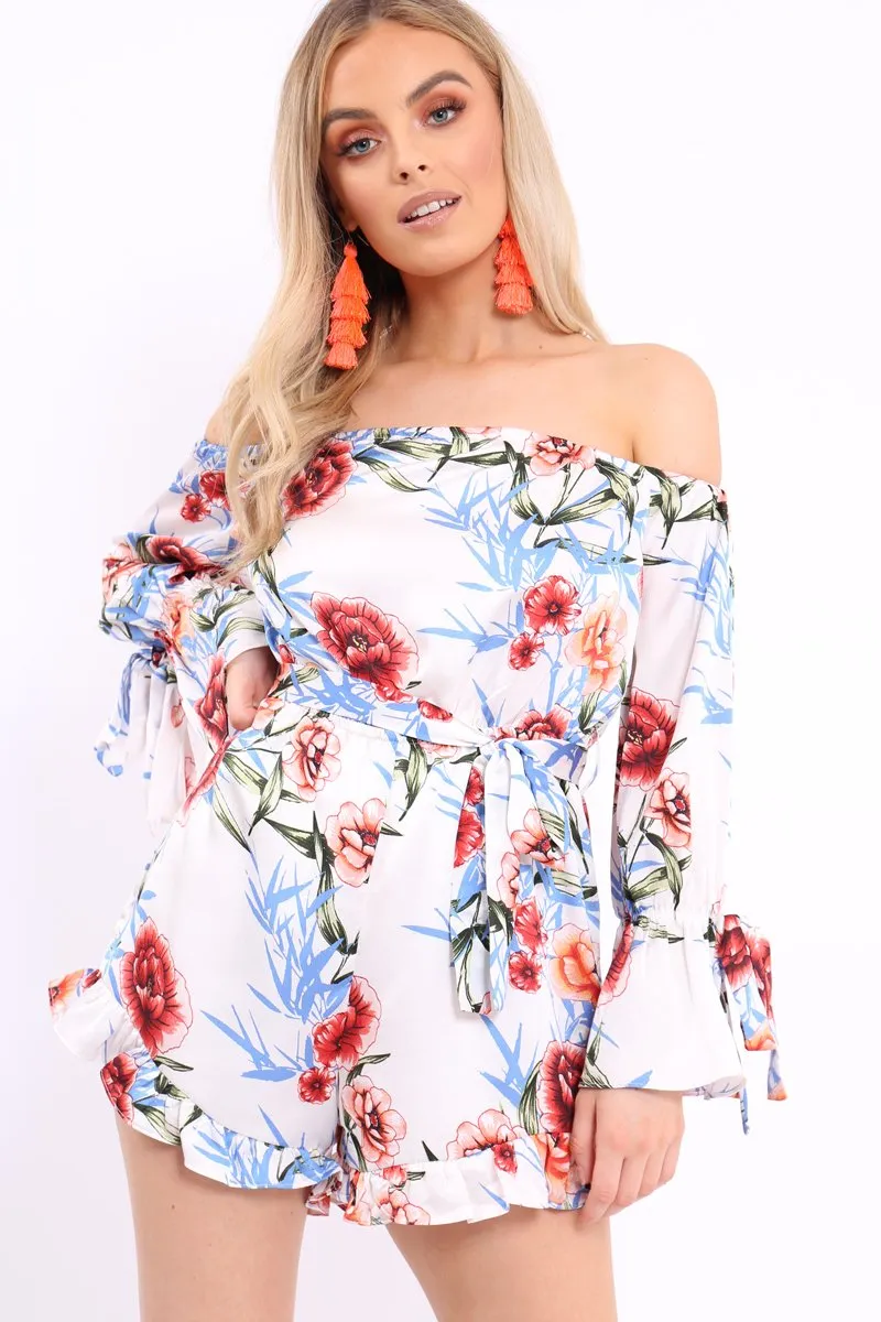 White Floral Bardot Playsuit with Frill Hem and Cuffs - Farhanna