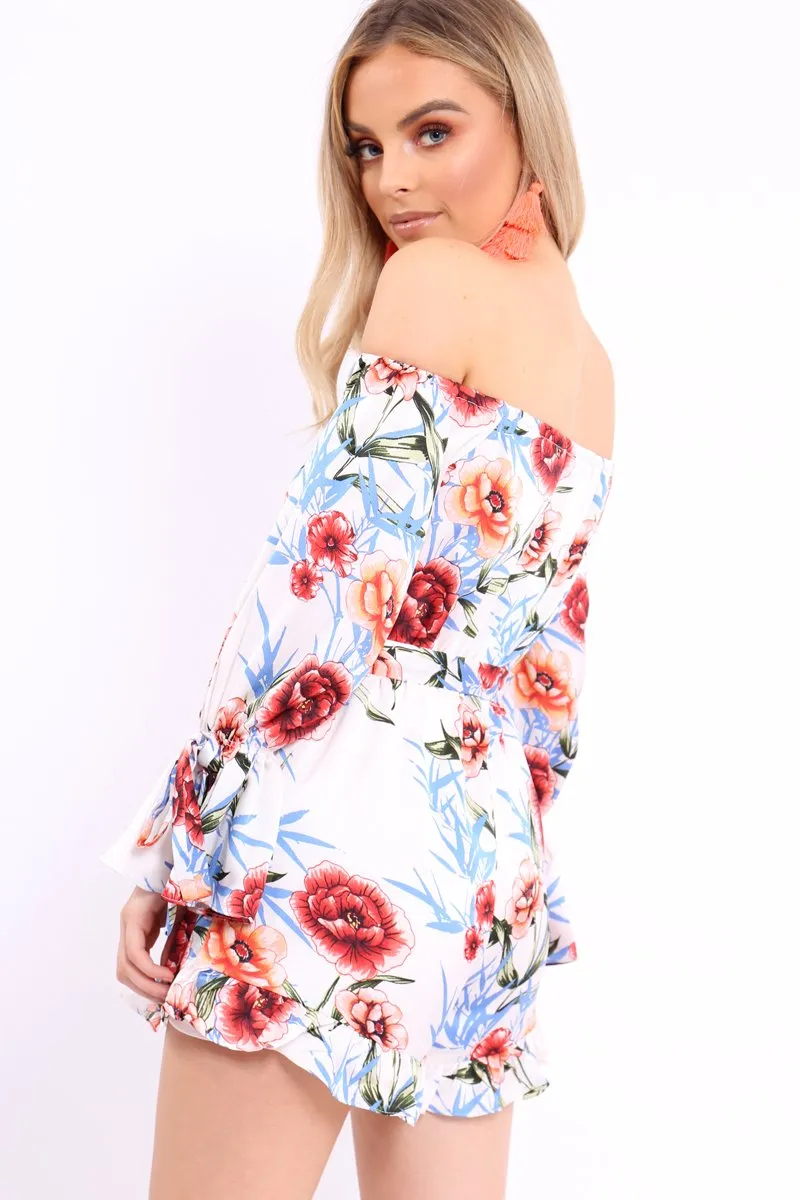White Floral Bardot Playsuit with Frill Hem and Cuffs - Farhanna
