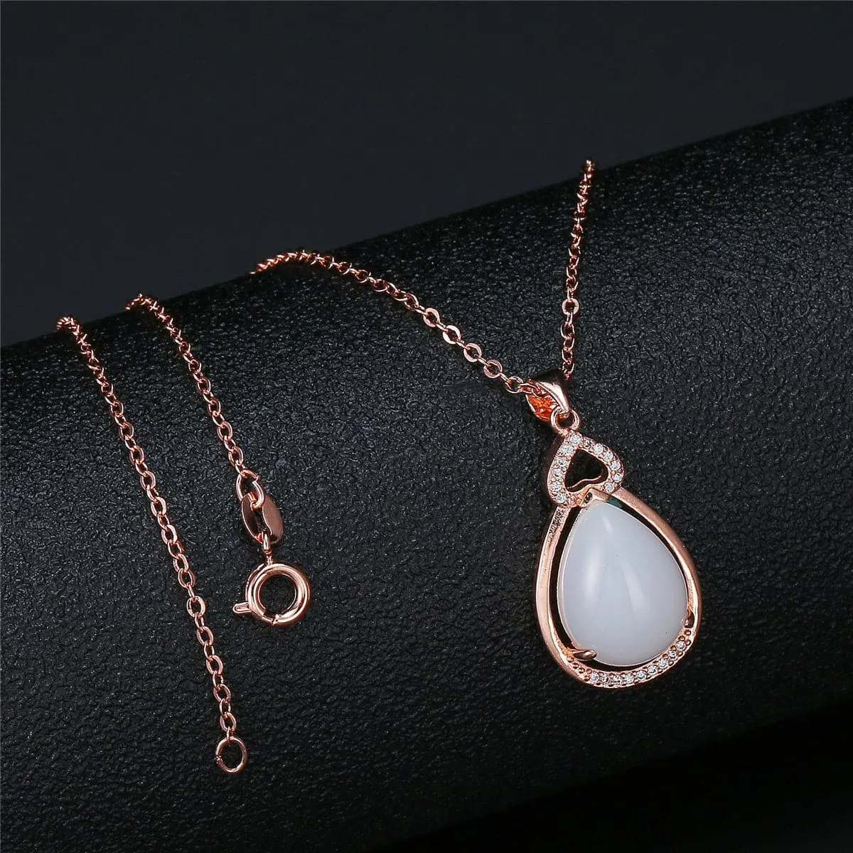White Jade & Cubic Zirconia Pear Cut Pendant Necklace