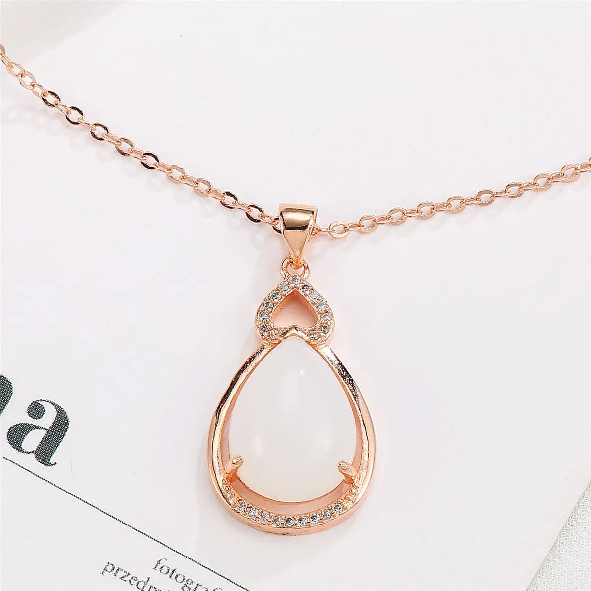 White Jade & Cubic Zirconia Pear Cut Pendant Necklace