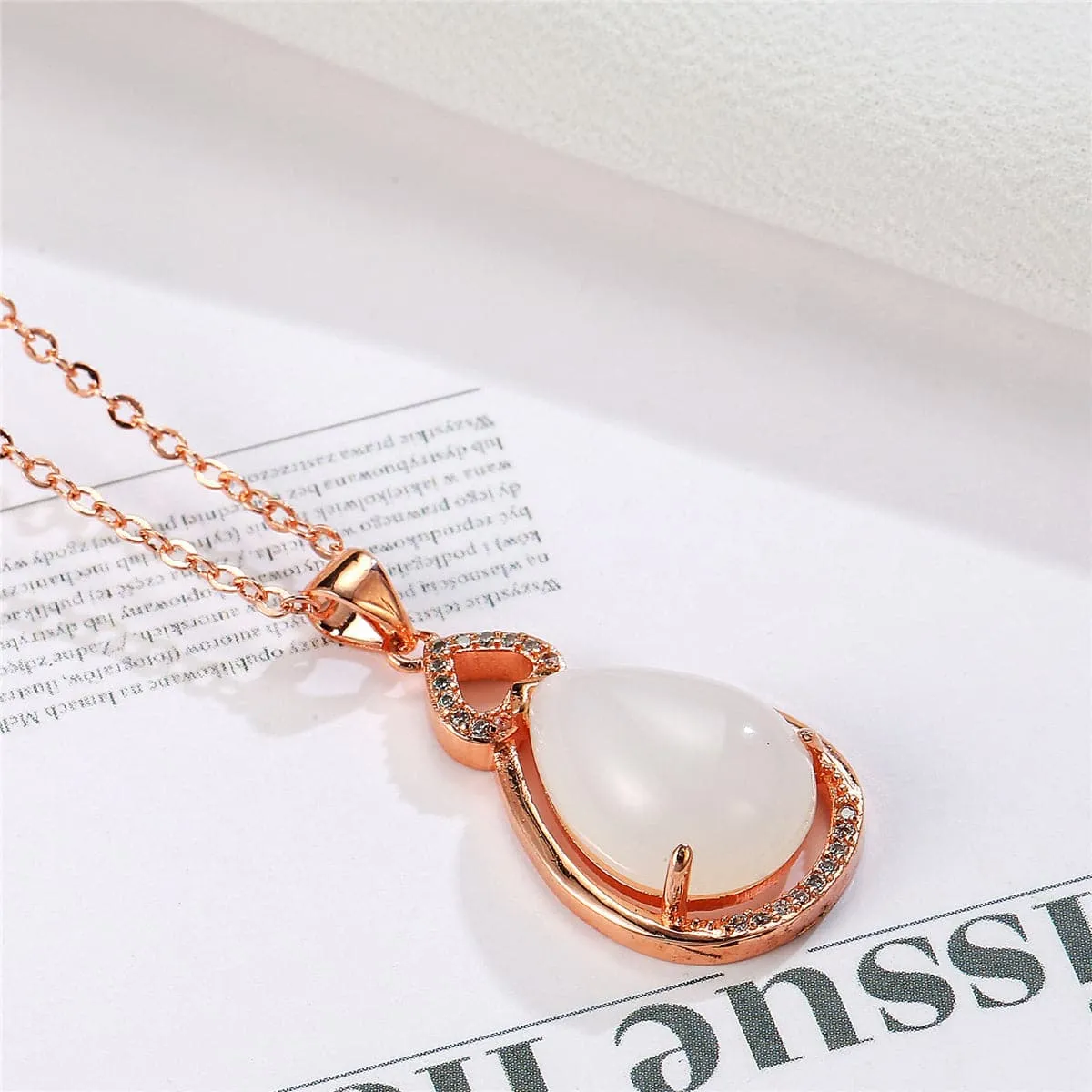 White Jade & Cubic Zirconia Pear Cut Pendant Necklace