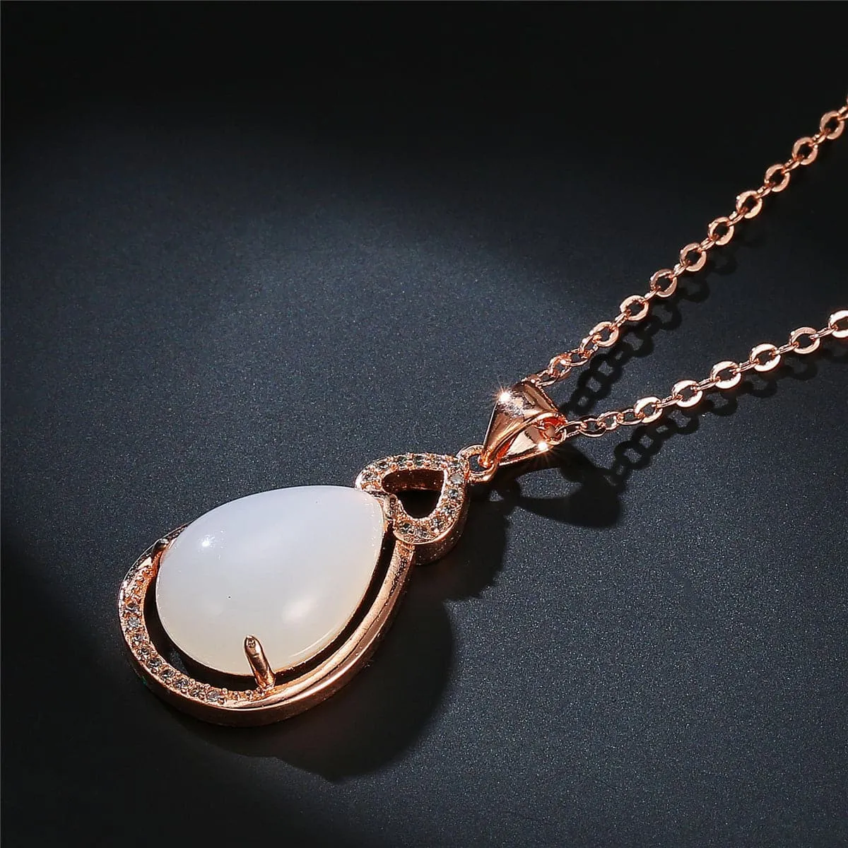 White Jade & Cubic Zirconia Pear Cut Pendant Necklace