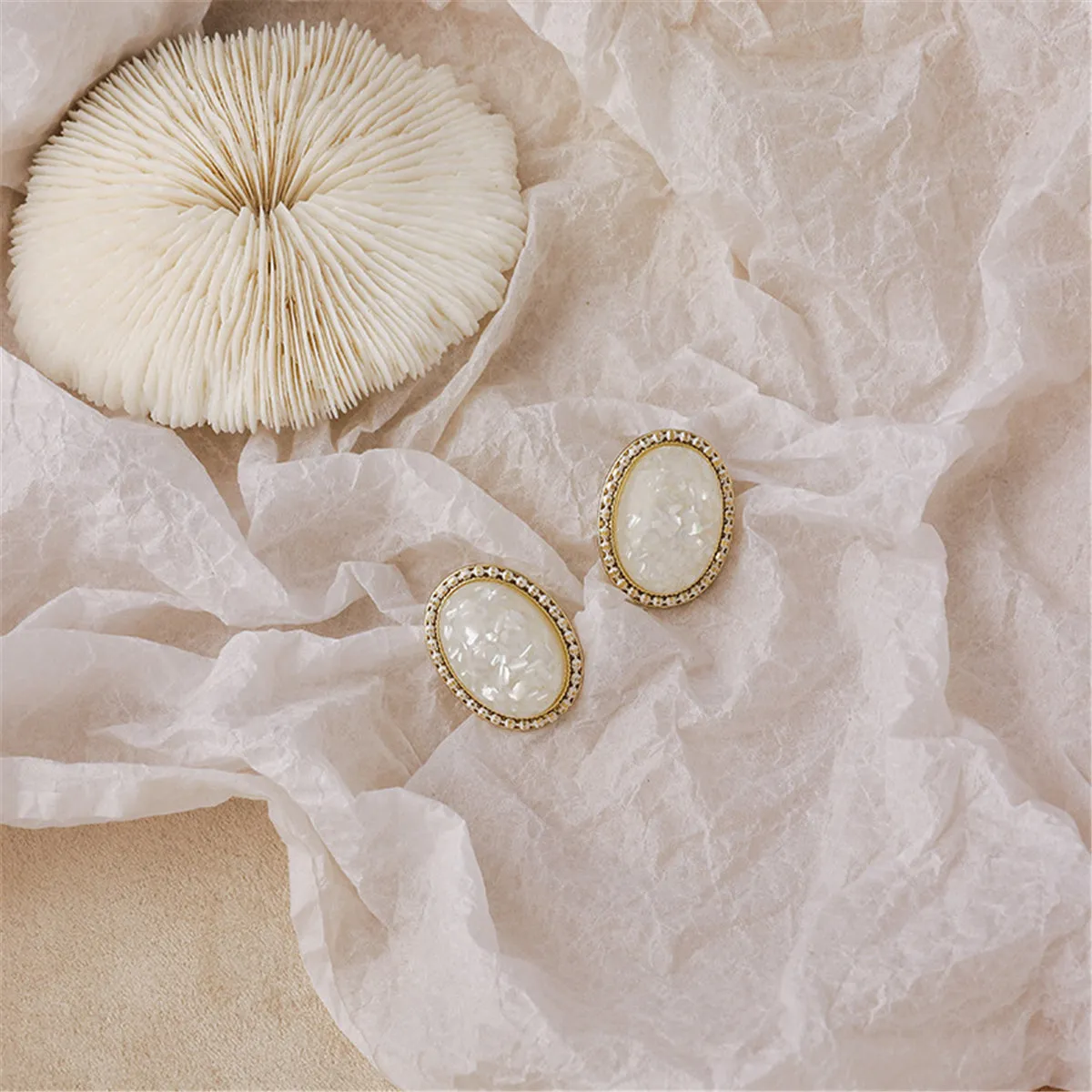 White Resin & 18K Gold-Plated Oval Stud Earrings