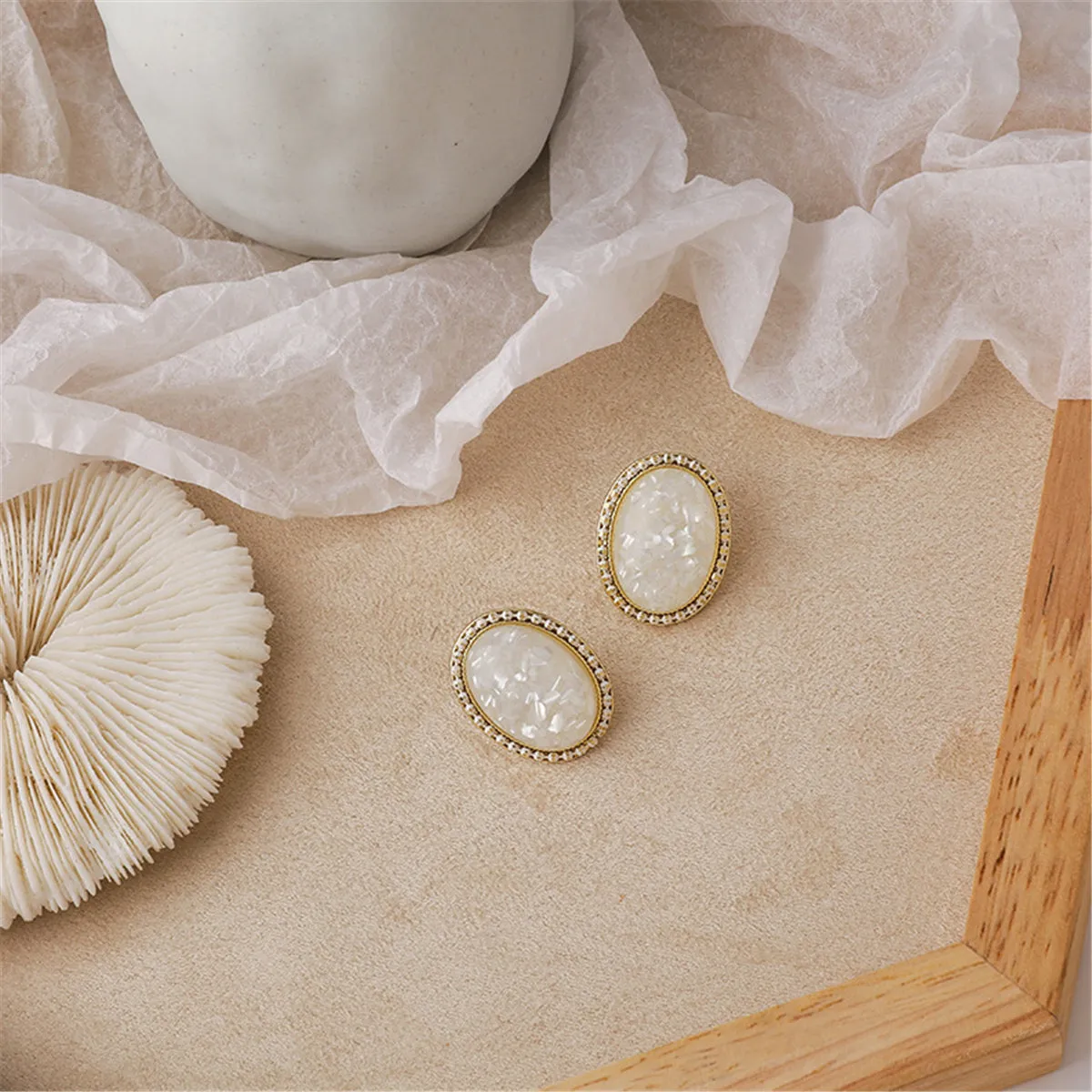 White Resin & 18K Gold-Plated Oval Stud Earrings
