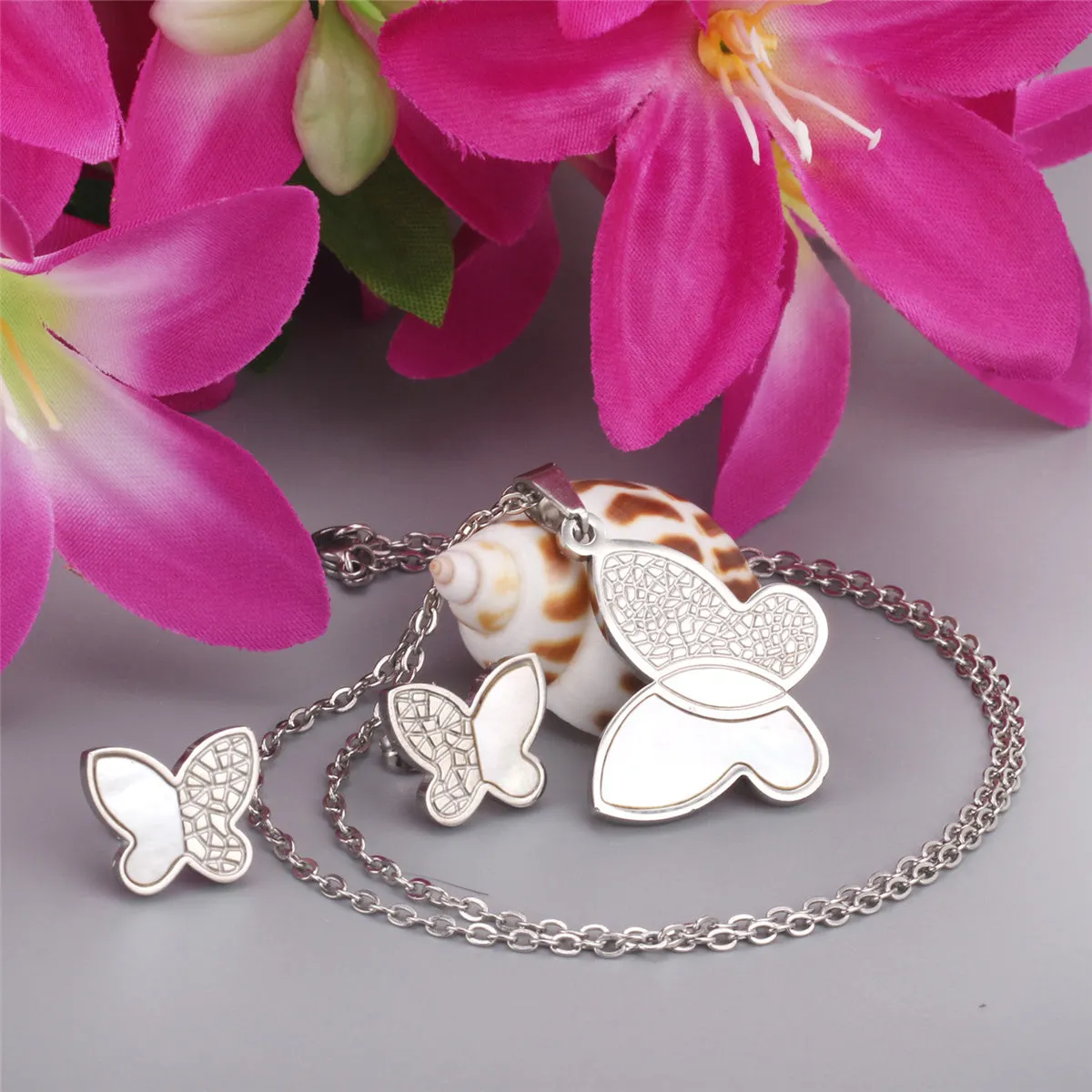 White Shell & Silver-Plated Butterfly Stud Earrings & Pendant Necklace