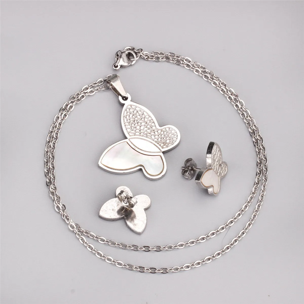 White Shell & Silver-Plated Butterfly Stud Earrings & Pendant Necklace