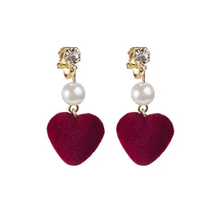 Wine Red & Pearl Textured-Heart Drop Earrings