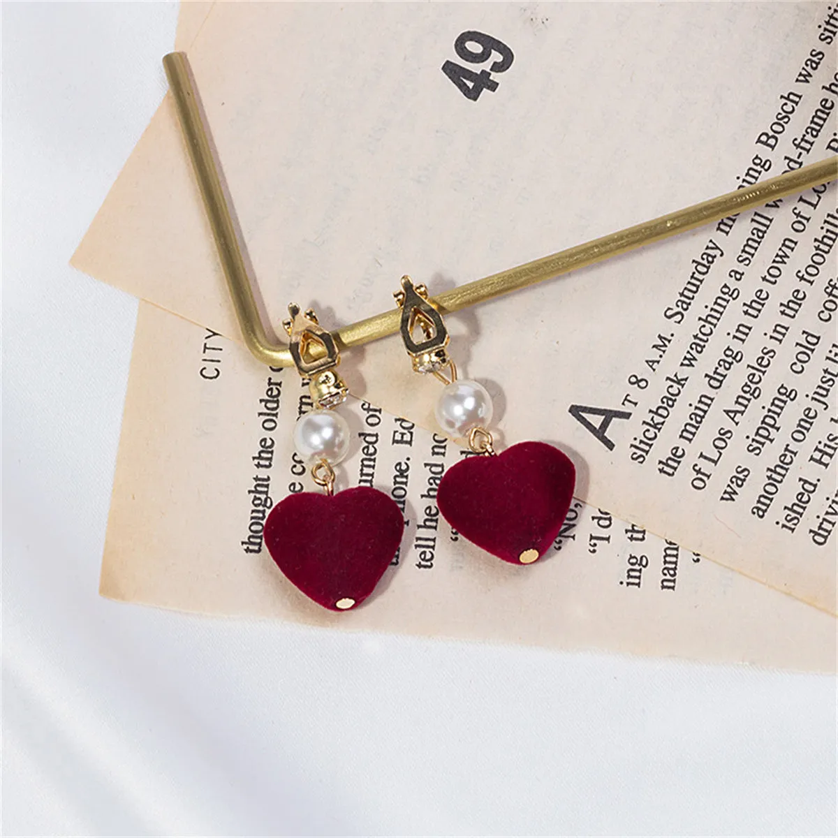 Wine Red & Pearl Textured-Heart Drop Earrings