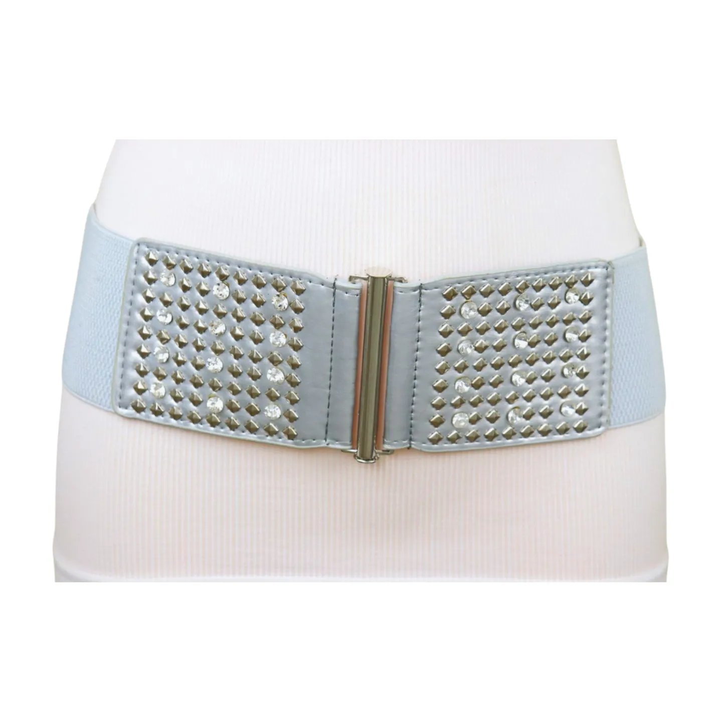 Women Silver Fashion Elastic Waistband Belt Bling Metal Studs Hip High Waist S M