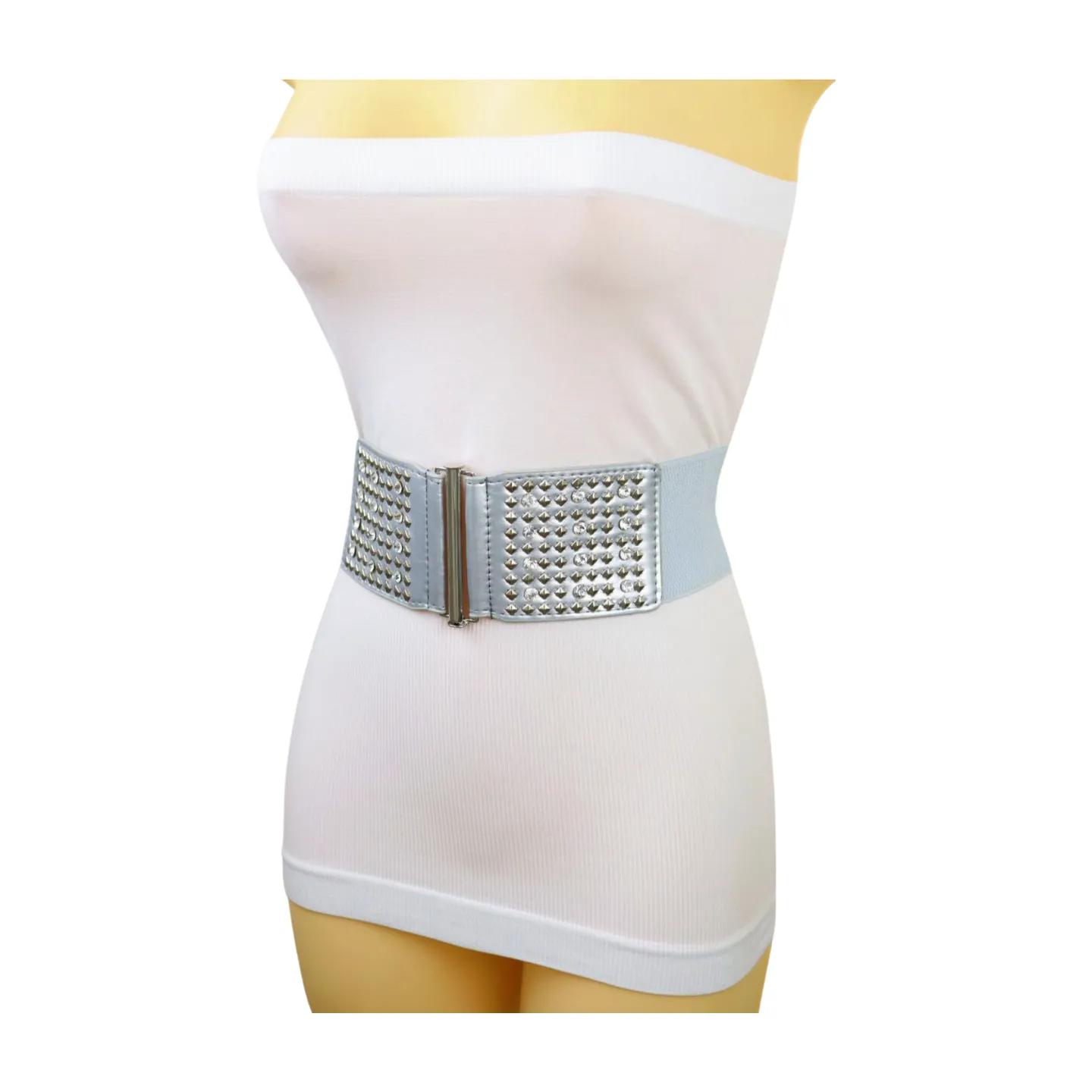 Women Silver Fashion Elastic Waistband Belt Bling Metal Studs Hip High Waist S M