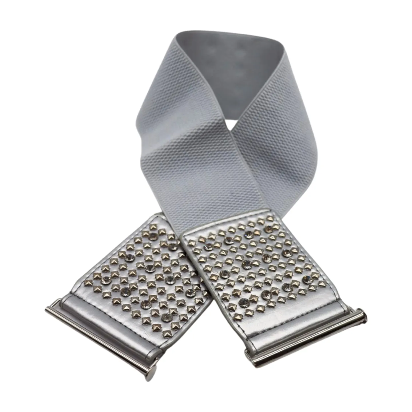 Women Silver Fashion Elastic Waistband Belt Bling Metal Studs Hip High Waist S M